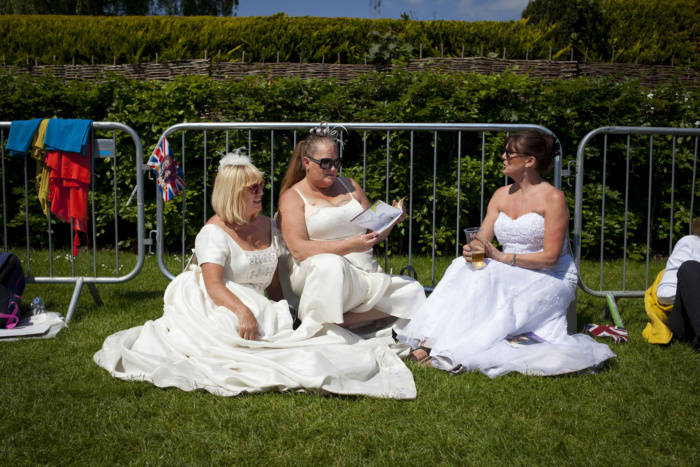 Abbie Trayler-Smith  Crowds gather in Windsor to see the Royal Wedding between Prince Harry and Megan Markle in Windsor, UK, this afternoon 19th May, 2018.  Sandra Shaw 56, Lorraine Raines 51 and Trish Hodkinson 57 from Merseyside, North Englan travelled down for todays event, 
